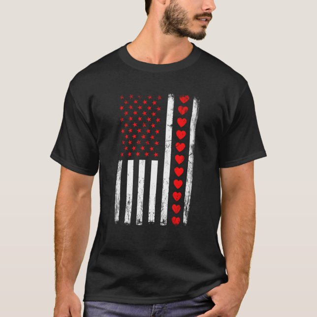 T-shirt Valentines Day American Flag Hearts Him Her Boys G (Devant)