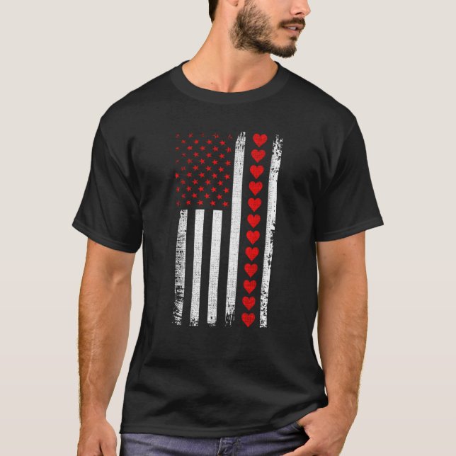 T-shirt Valentines Day American Flag Hearts Him Her Boys G (Devant)