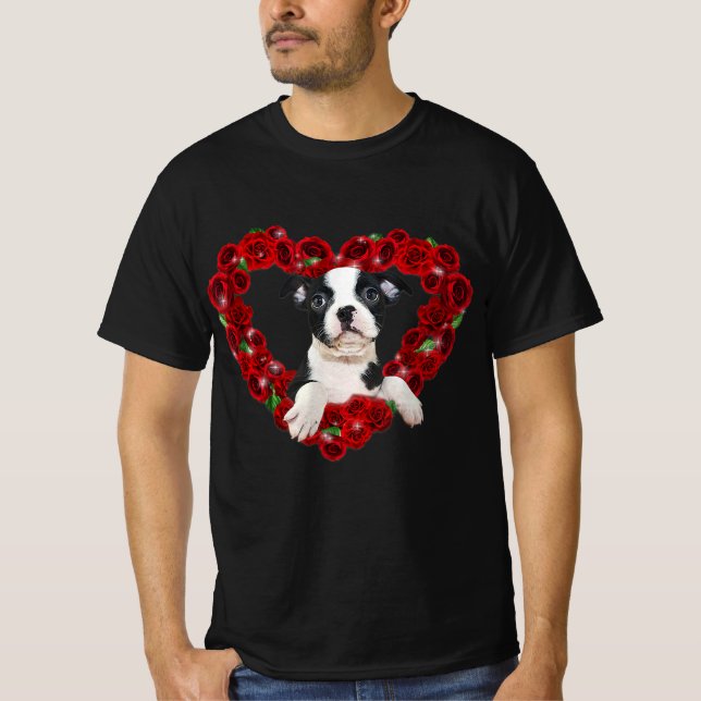T-shirt Valentines Day Boston Terrier Heart Roses Don Dog (Devant)