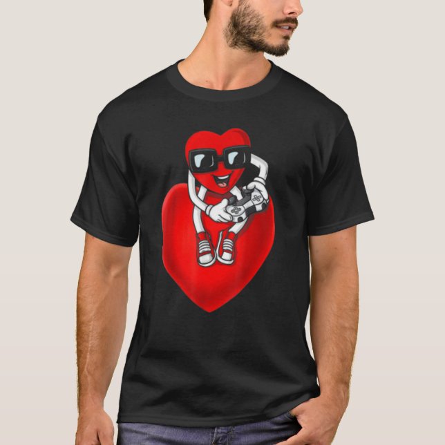 T-shirt Valentines Day Heart Video Gamer Contrôleur Men Bo (Devant)