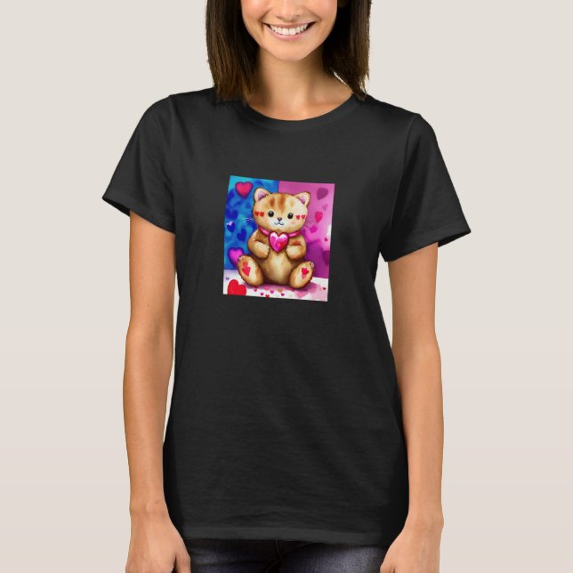 T-shirt Valentine's Day Love Heart Cat Teddy Girlfriend Fi (Devant)