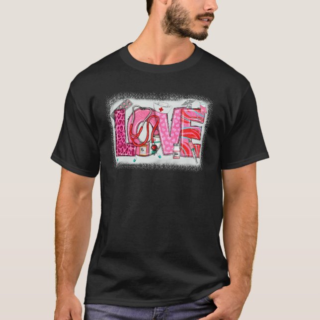 T-shirt Valentines Day Nurse Heart Pink Leopard Nursing Sc (Devant)