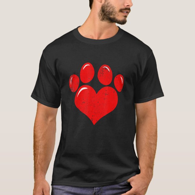 T-shirt Valentine's Day Paw Print Heart Dog Cat Owner Cute (Devant)
