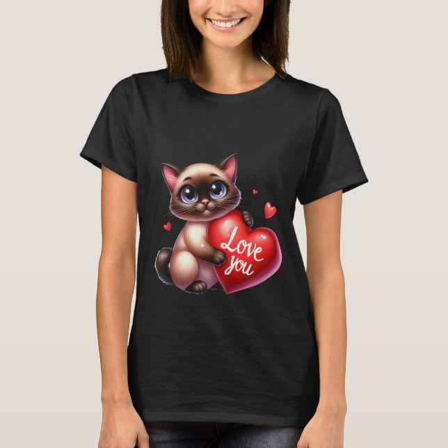 T-shirt Valentine's Day Siamese Cat Love You Heart Art ❤🐱 (Devant)