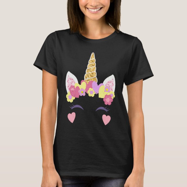 T-shirt Valentine's Day Unicorn Face Hearts Cute Matching  (Devant)