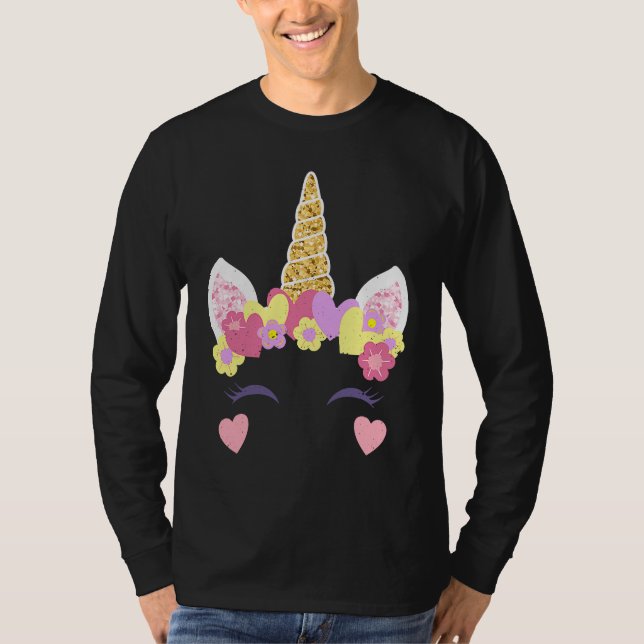 T-shirt Valentine's Day Unicorn Face Hearts Cute Matching  (Devant)