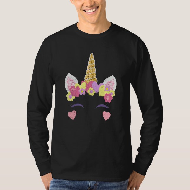 T-shirt Valentine's Day Unicorn Face Hearts Cute Matching  (Devant)