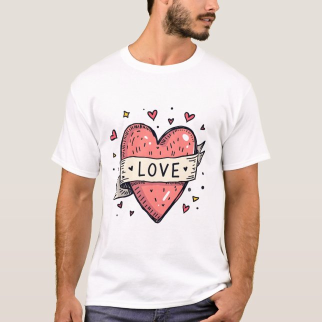 T-shirt Valentine's Day Vintage Heart Doodle Love (Devant)