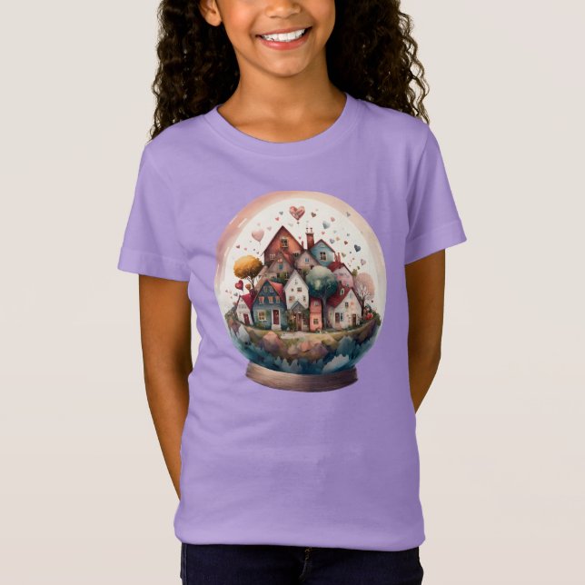 T-Shirt Valentines Day Watercolor Village Snowglobe (Devant)