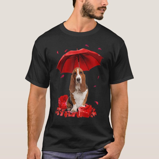 T-shirt Valentines Jour Basset Hound Parapluie Coeur Chiot (Devant)
