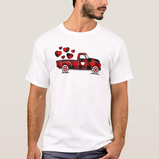 T-shirt Valentines Jour Camion Rouge Buffalo Plaid Heart L (Devant)