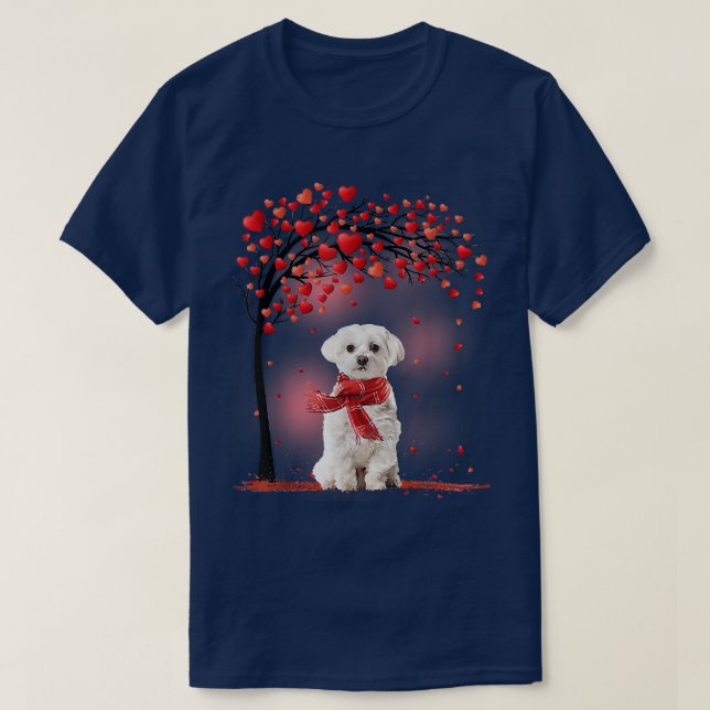 T-shirt Valentines Jour Chien maltais arbre Coeur Chien Ch (Design devant)