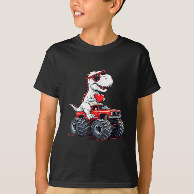 T-shirt Valentines Jour Dinosaure Monster Camion Avec Coeu (Devant)