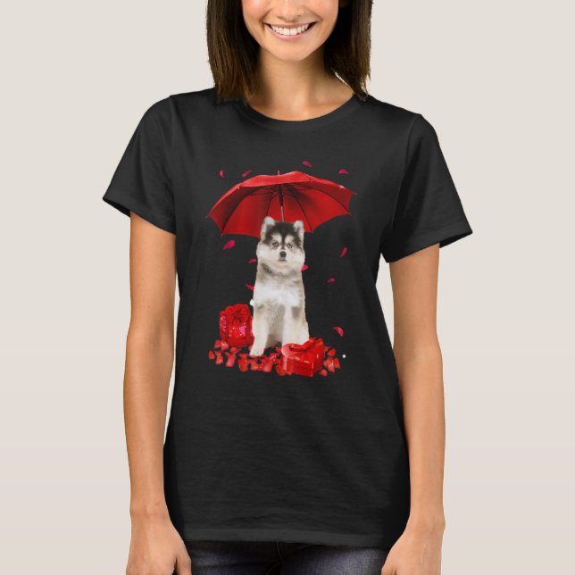 T-shirt Valentines Jour Pomsky Parapluie Coeur Chien Chien (Devant)