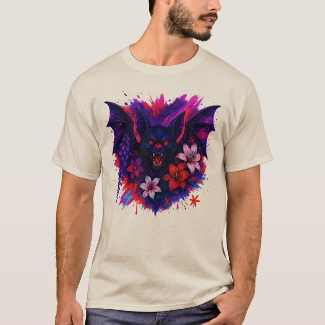 T-shirt Vampire Bat Neon Halloween Art (Devant)