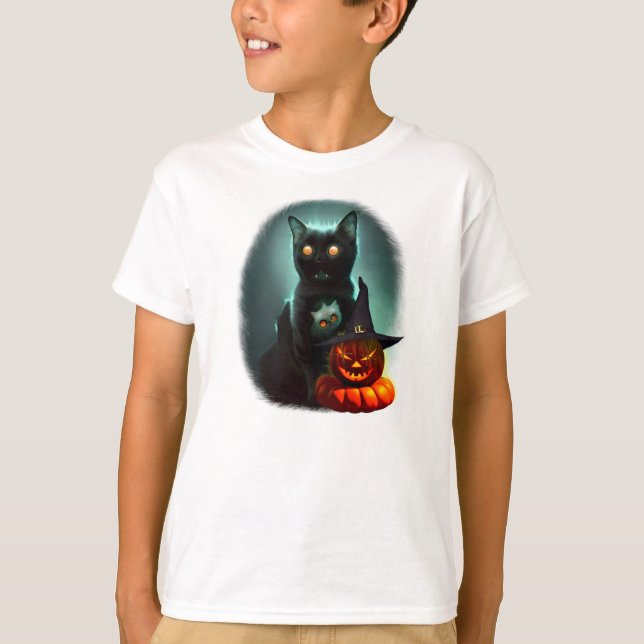 T-shirt Vampire Chat et Assistant Citrouille Halloween Sur (Devant)