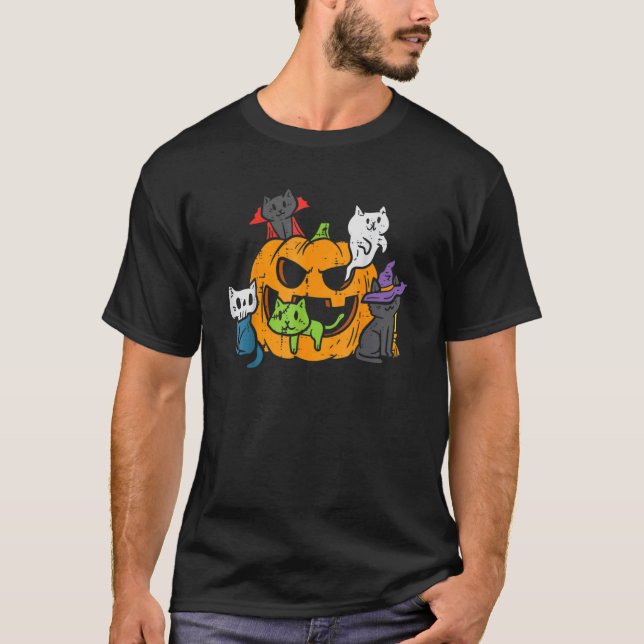 T-shirt Vampire Fantôme Zombie Sorcière Chats Dans Citroui (Devant)