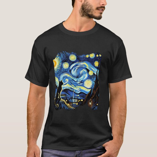 T-shirt Van Gogh Black Cat Starry Amoureux des chats de nu (Devant)