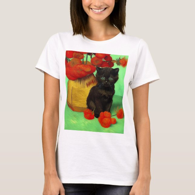 T-shirt Van Gogh Black Kitten Fleurs rouges (Devant)
