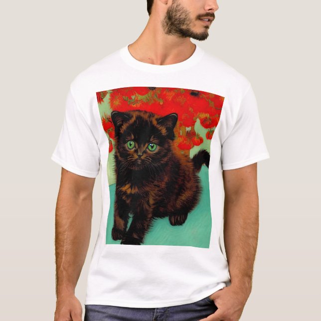 T-shirt Van Gogh Chat noir Fleurs rouges (Devant)