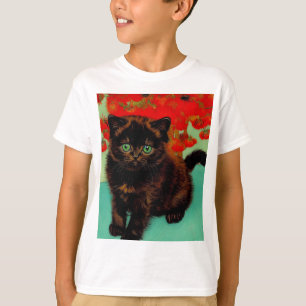 T-shirt Van Gogh Chat noir Fleurs rouges