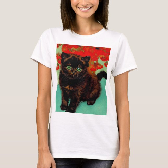 T-shirt Van Gogh Chat noir Fleurs rouges (Devant)