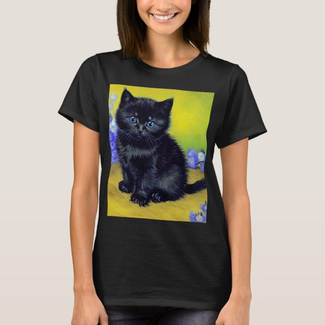 T-shirt Van Gogh Chat noir Fleurs violettes (Devant)