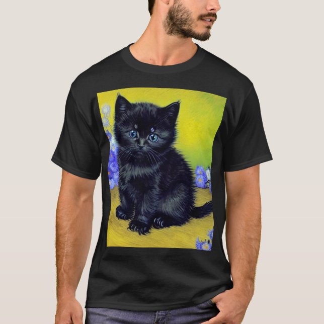 T-shirt Van Gogh Chat noir Fleurs violettes (Devant)