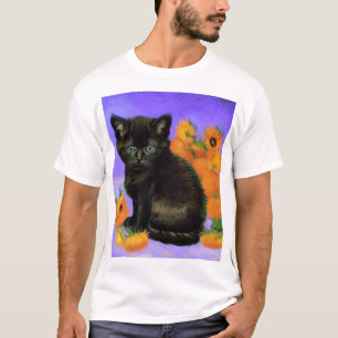 T-shirt Van Gogh Kitten noir avec des tournesols