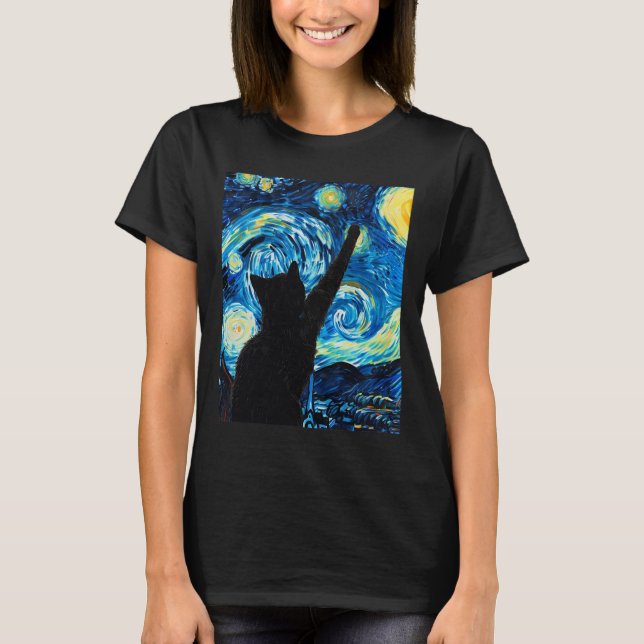 T-shirt Van Gogh Starry Amoureux des chats de nuit Kitten (Devant)