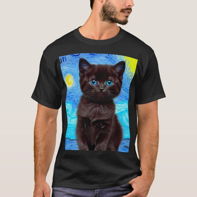 T-shirt Van Gogh Starry Night Black Cat (Devant)