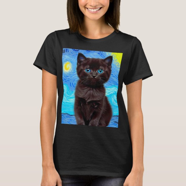 T-shirt Van Gogh Starry Night Black Cat (Devant)