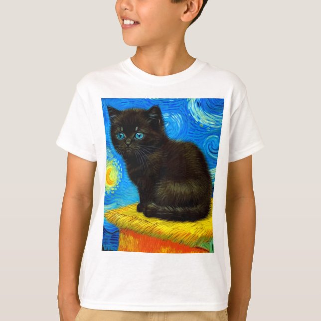 T-shirt Van Gogh Style Starry Night Cat (Devant)