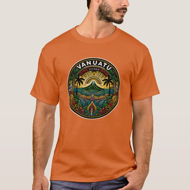 T-shirt Vanuatu Oceania Badge, Volcan Tropical Emblème (Devant)