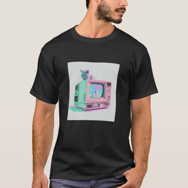T-shirt Vaperwave Aesthetic Glitch Cat Retrowave Synthwave (Devant)
