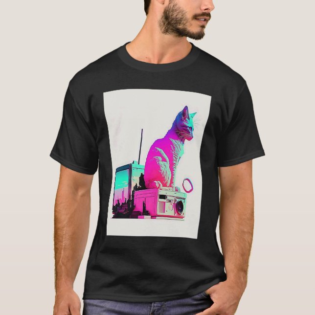 T-shirt Vaperwave Aesthetic Glitch Cat Retrowave Synthwave (Devant)