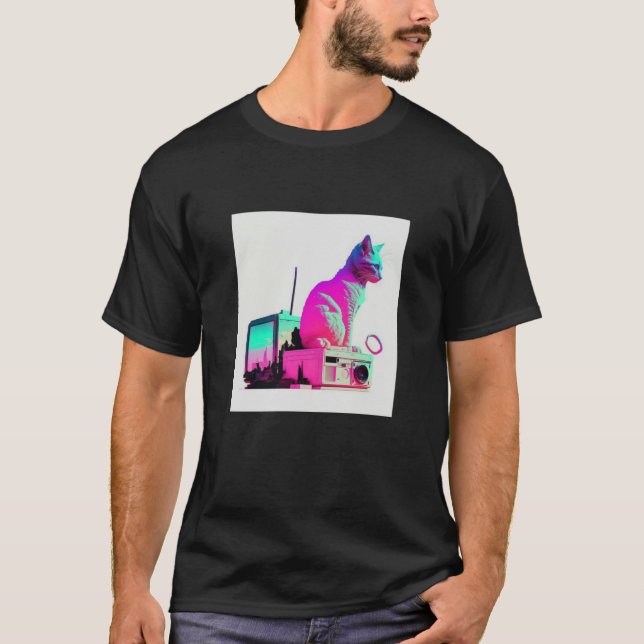 T-shirt Vaperwave Aesthetic Glitch Cat Retrowave Synthwave (Devant)