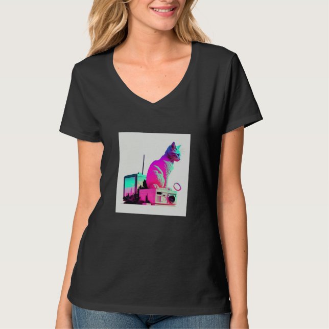 T-shirt Vaperwave Aesthetic Glitch Cat Retrowave Synthwave (Devant)