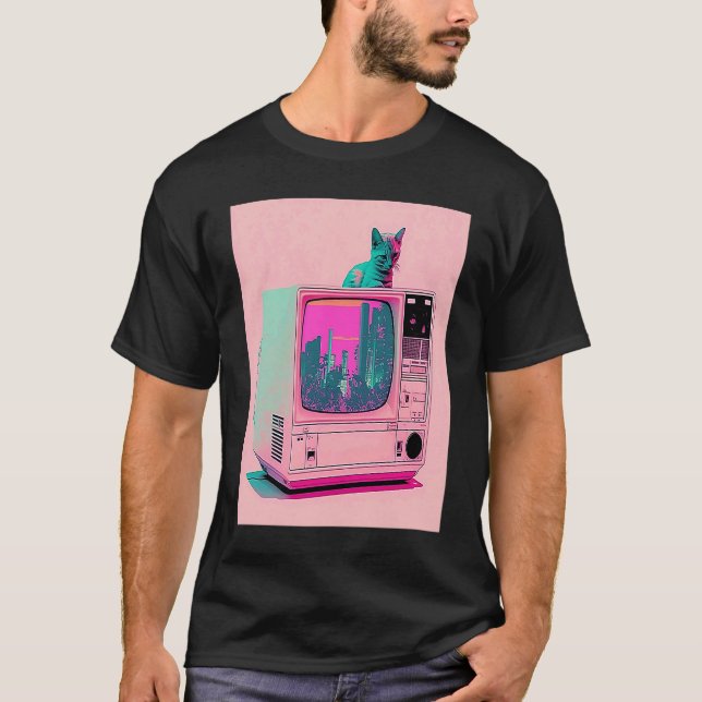 T-shirt Vaperwave Aesthetic Glitch Cat Retrowave Synthwave (Devant)