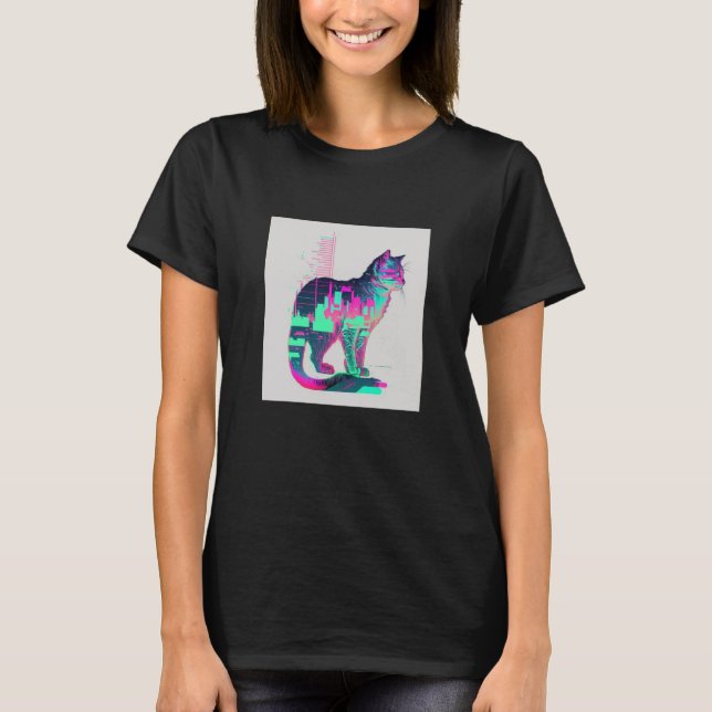 T-shirt Vaperwave Aesthétique Glitch Chat Rétrowave Synthw (Devant)