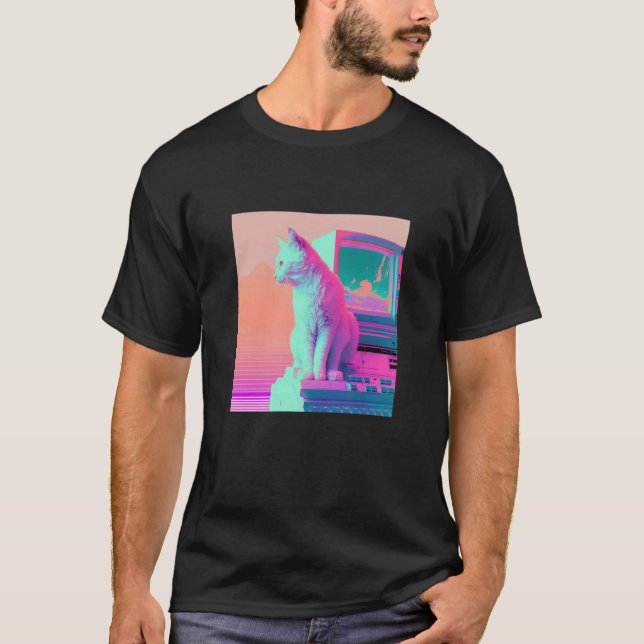 T-shirt Vaperwave Esthétique Glitch Chat Retrowave Synthwa (Devant)