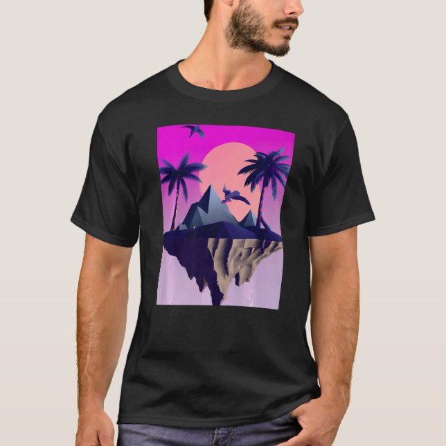T-shirt Vaporwave Aesthétique Ile Volante Avec Palmiers Et (Devant)