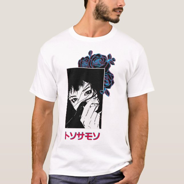 T-shirt Vaporwave Japanese Girl Rose Ornament  (Devant)