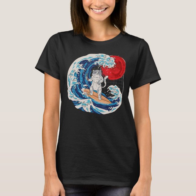T-shirt Vaporwave Japonais Neko Great Cat Wave Sushi R (Devant)