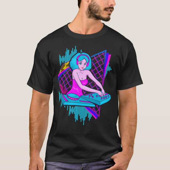T-shirt Vaporwave Synthwave DJ Girl 1980 et 1990s (Devant)