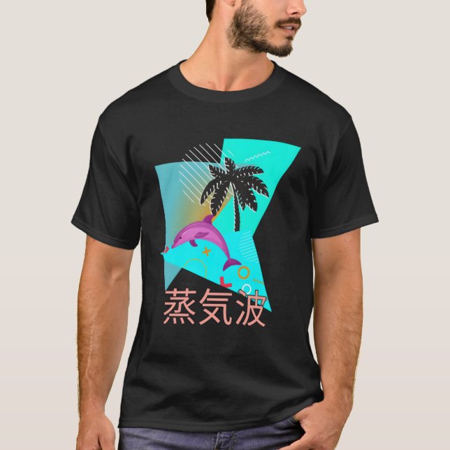 T-shirt Vaporwave Synthwave Dolphin Océan Kanjis (Devant)