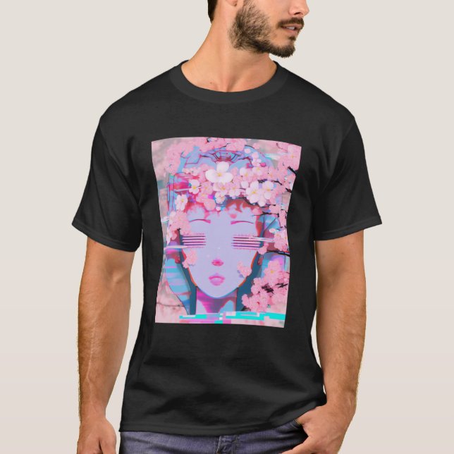 T-shirt Vaporwave Synthwave Retrowave Glitch Cherry Blosso (Devant)