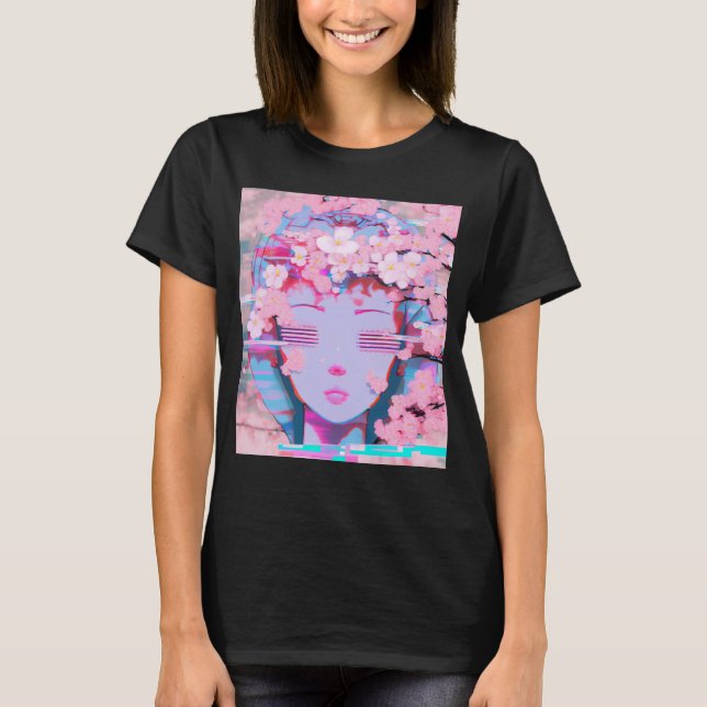 T-shirt Vaporwave Synthwave Retrowave Glitch Cherry Blosso (Devant)