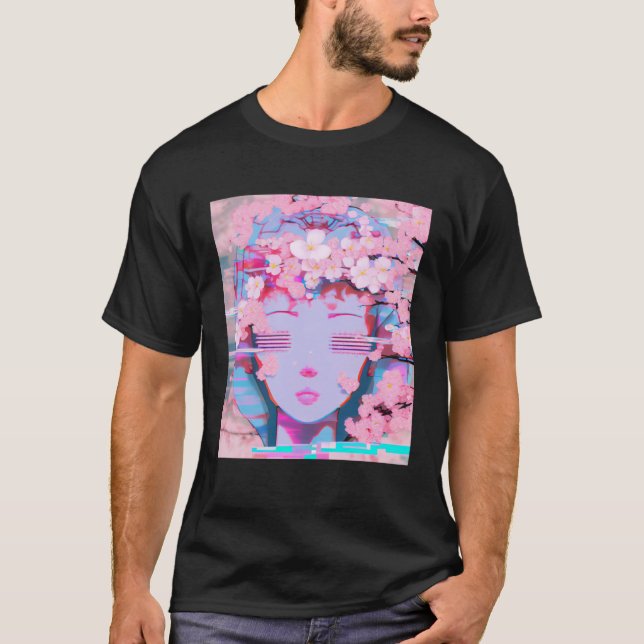 T-shirt Vaporwave Synthwave Retrowave Glitch Cherry Blosso (Devant)