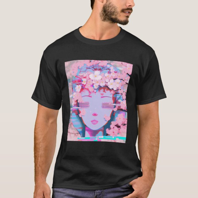 T-shirt Vaporwave Synthwave Retrowave Glitch Fleur de Ceri (Devant)